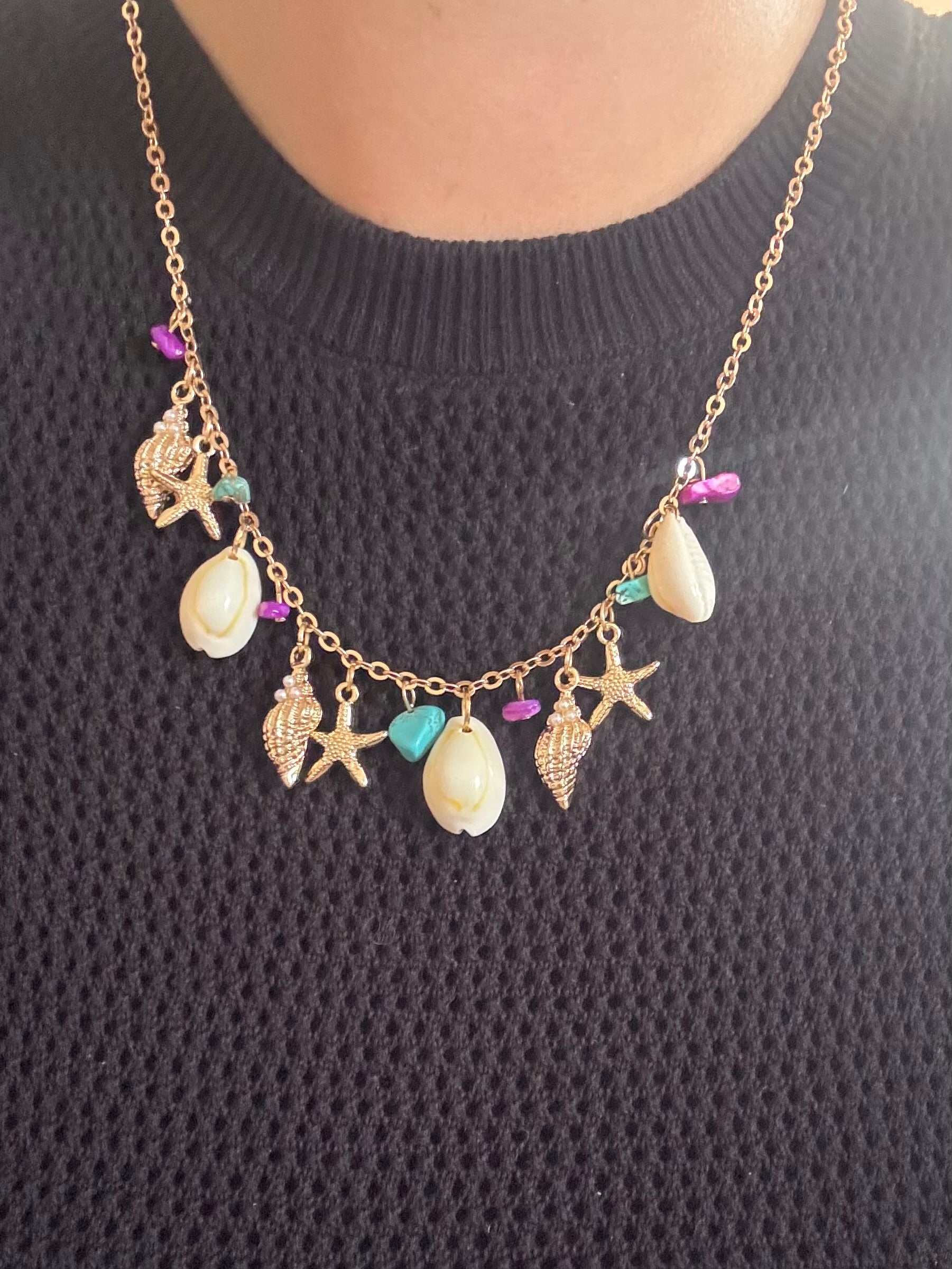 collier coquillage violet turquoise